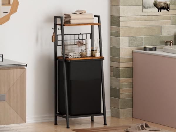 Furnulem Laundry Hamper, Vertical Laundry Basket with 2 Tiers Wooden Shelf and Hooks, Clothes Hamper with Pull-Out and Removable Bag for Bathroom, Bedroom, Dorm, 13.21 Gallons (50L)